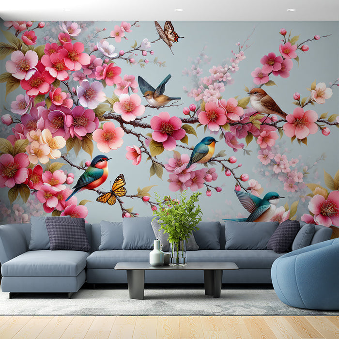 Papier peint cerisier japonais | Fleurs de cerisier multicolore et oiseaux