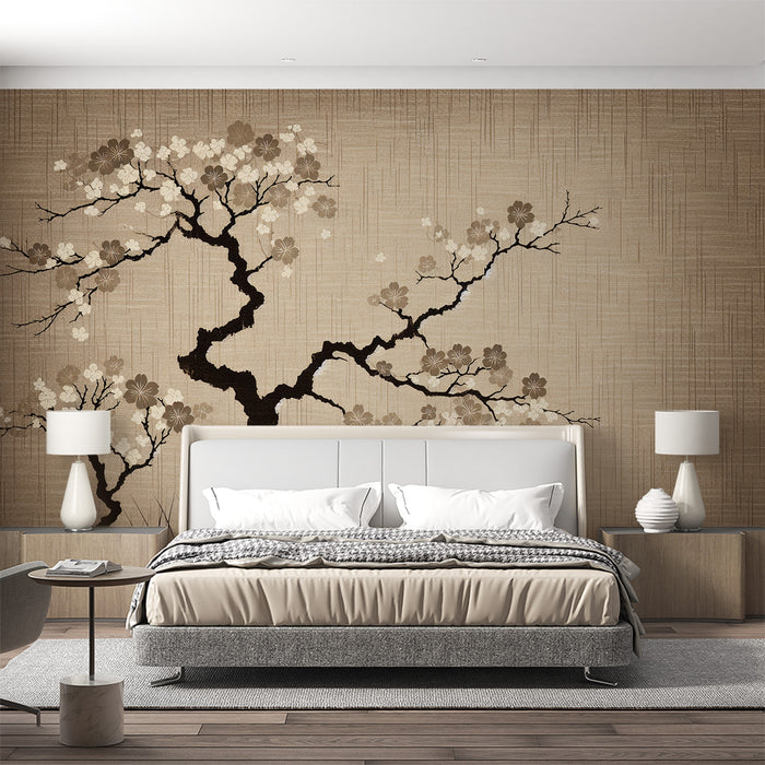 Papier peint cerisier japonais | Fond beige vieillit avec fleurs de cerisier marrons