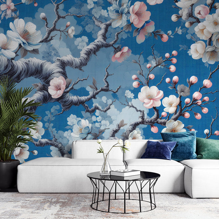 Papier peint cerisier japonais | Fond bleu électrique et fleurs de cerisier blanches