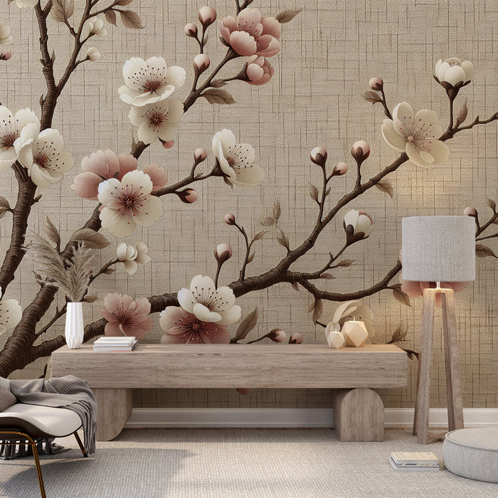 Papier peint cerisier japonais | Fond tissé vintage et fleurs roses et blanches