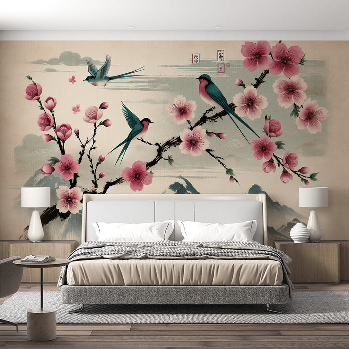 Papier peint cerisier japonais | Oiseaux, montagne et fleurs de cerisier roses