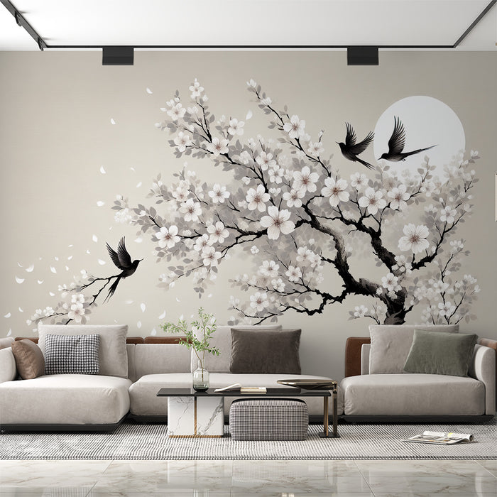 Papier peint cerisier japonais | Oiseaux, pleine lune et fleurs de cerisier blanches