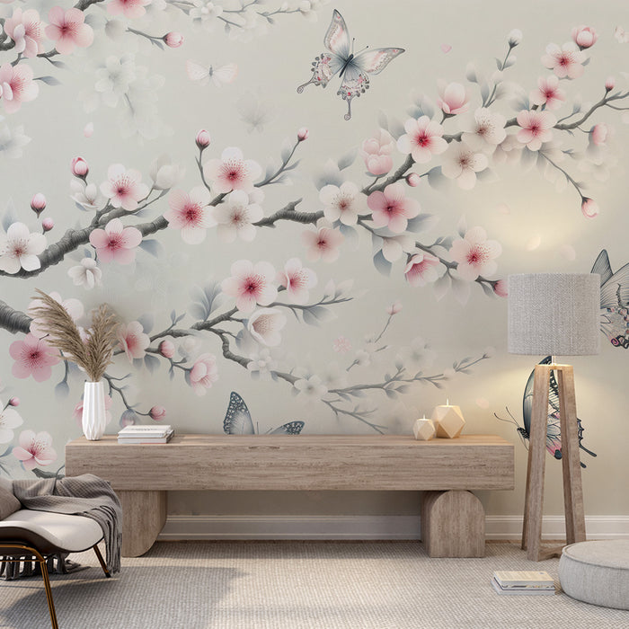 Papier peint cerisier japonais | Papillon et fleurs de cerisier grises et roses