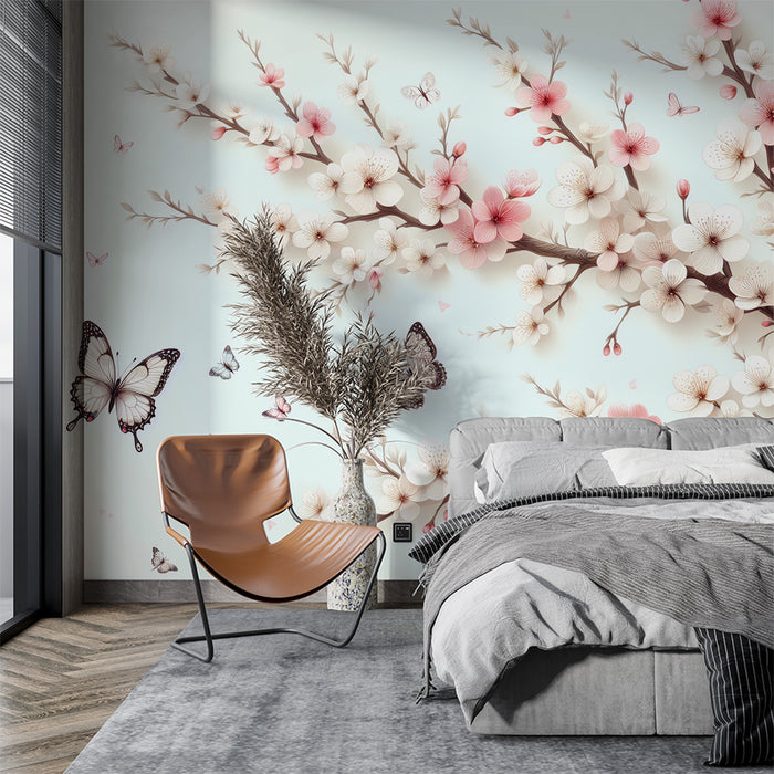 Papier peint cerisier japonais | Papillons et fleurs roses et blanches