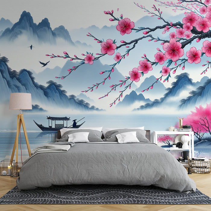 Papier peint cerisier japonais | Paysage zen et montagneux avec lac et pêcheur