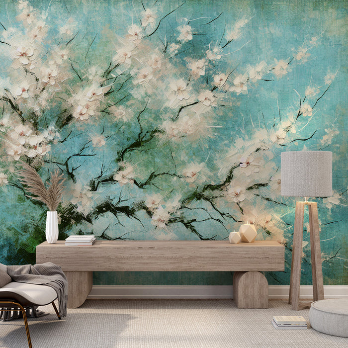 Papier peint cerisier japonais | Peinture à l'huile d'un cerisier aux fleurs blanches