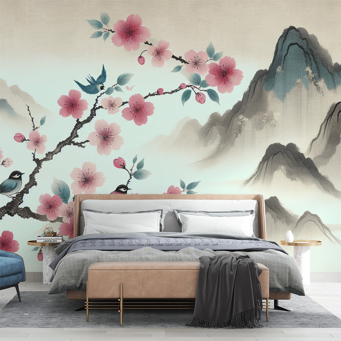 Papier peint cerisier japonais | Relief montagneux, oiseaux et fleurs de cerisier roses