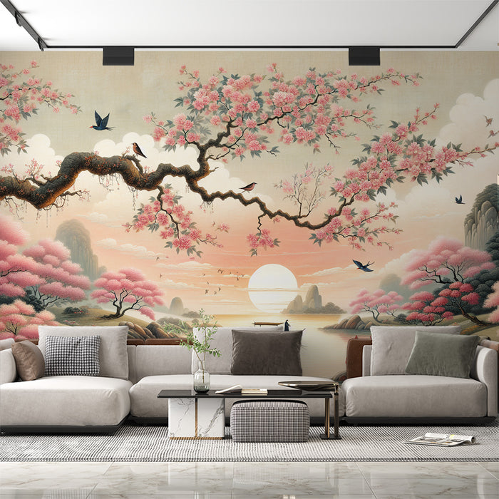 Papier peint cerisier japonais | Relief montagneux avec lac calme et carpe koï