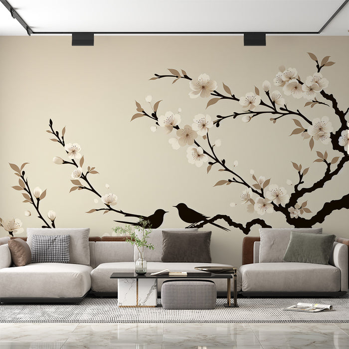Papier peint cerisier japonais | Silhouette noir d'oiseaux et fond beige