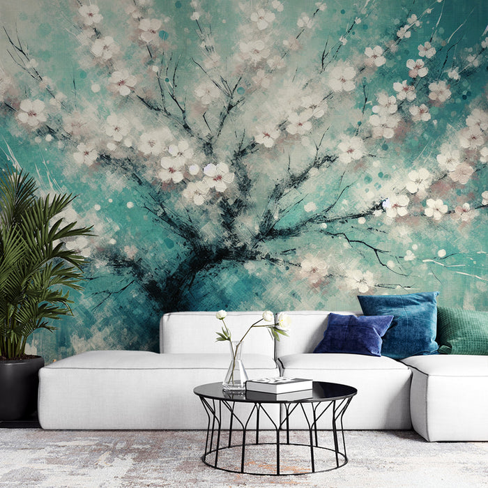 Papier peint cerisier japonais | Style peinture à l'huile bleue avec des fleurs blanches