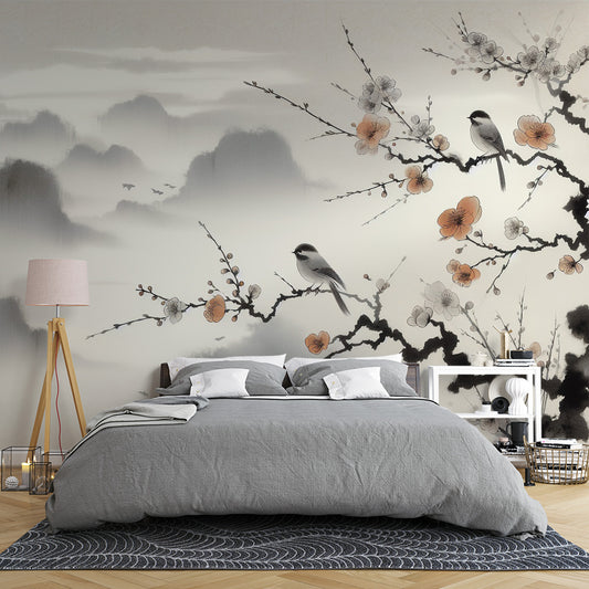 Papier peint cerisier japonais | Avec relief et oiseaux