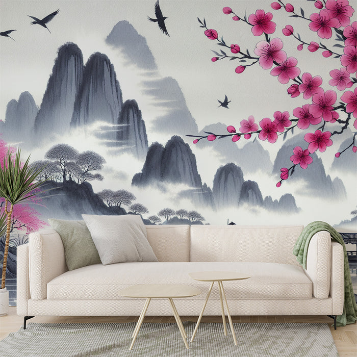 Papier peint cerisier japonais rose zen | Oiseaux, lac calme et relief montagneux