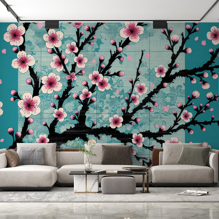 Papier peint cerisier japonais vintage | Fond bleu ancien et fleurs roses