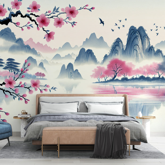 Papier peint cerisier japonais zen | Lac calme et paysage montagneux
