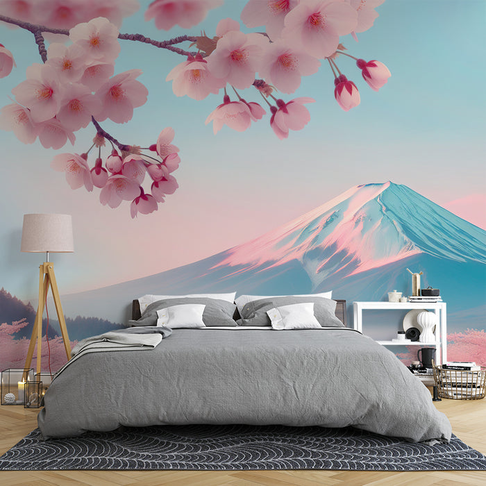 Papier peint cerisier japonais zen | Mont Fuji et vallée de cerisier aux fleurs roses