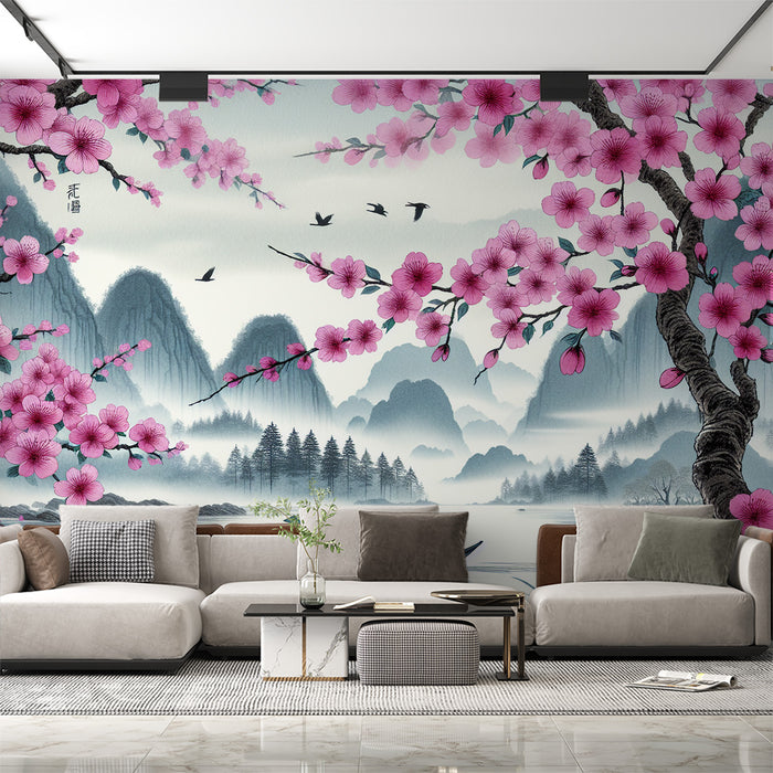 Papier peint cerisier japonais zen | Pirogue sur lac calme et relief montagneux