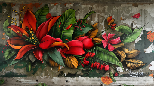 Papier peint mural vibrant représentant un bouquet luxuriant de fleurs rouges et de feuillages verts, évoquant une atmosphère tropicale et dynamique.