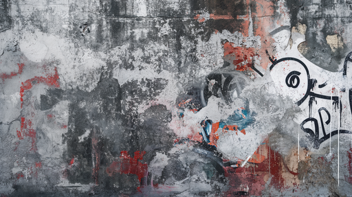 Papier peint texturé aux nuances de gris, noir et rouge, mêlant des motifs abstraits et des éclaboussures, créant une ambiance urbaine et contemporaine.