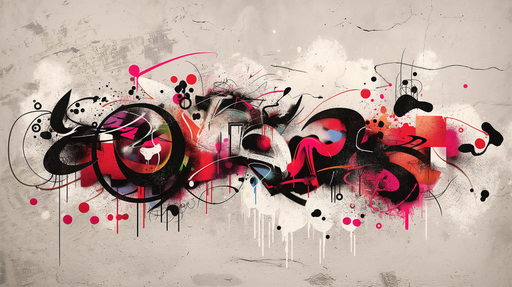 Papier peint graphique aux motifs abstraits et colorés mêlant noir, rose, rouge et touches de bleu, créant une ambiance dynamique et artistique.