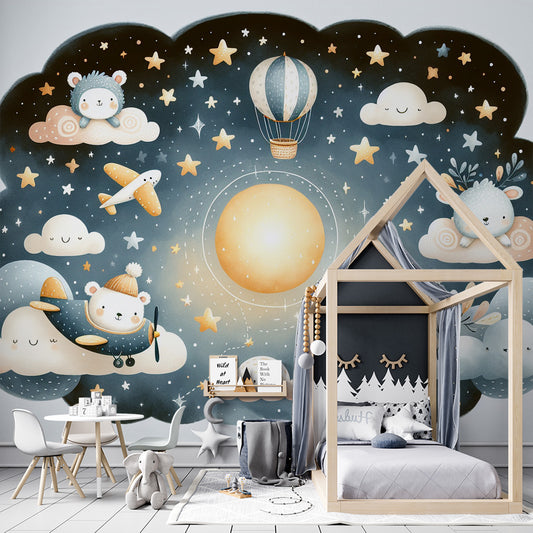 Papier peint chambre bébé | Étoile, oursons et avions sur fond bleu nuit