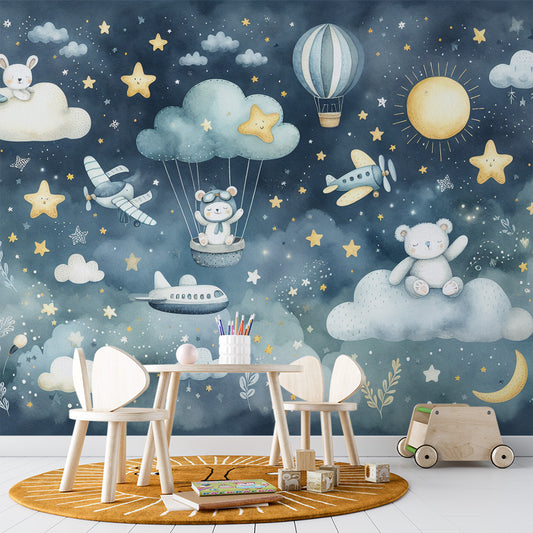 Papier peint chambre bébé | Oursons dans les nuages