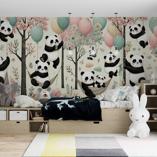Papier peint chambre enfant | Pandas, ballons et hamacs dans les arbres