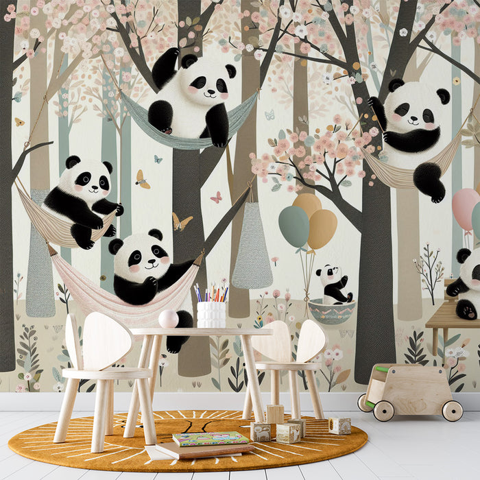 Papier peint chambre enfant | Pandas perchés dans des hamacs
