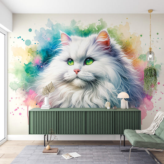 Papier peint chat | Angora aux yeux vert sur aquarelle de couleur