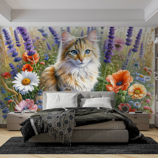 Papier peint chat | Champs de fleurs en aquarelle