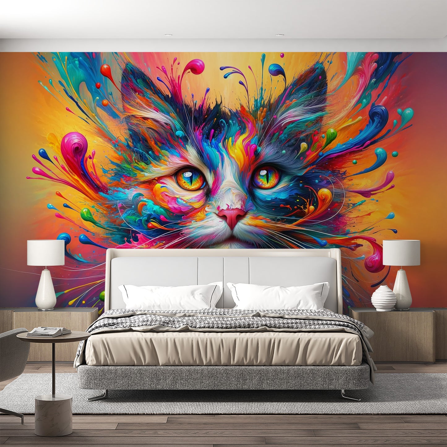 Papier peint chat | Tête de chat multicolore