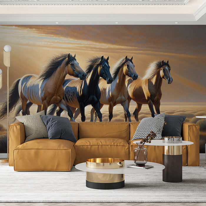 Papier peint cheval | 4 chevaux marchant dans la nature