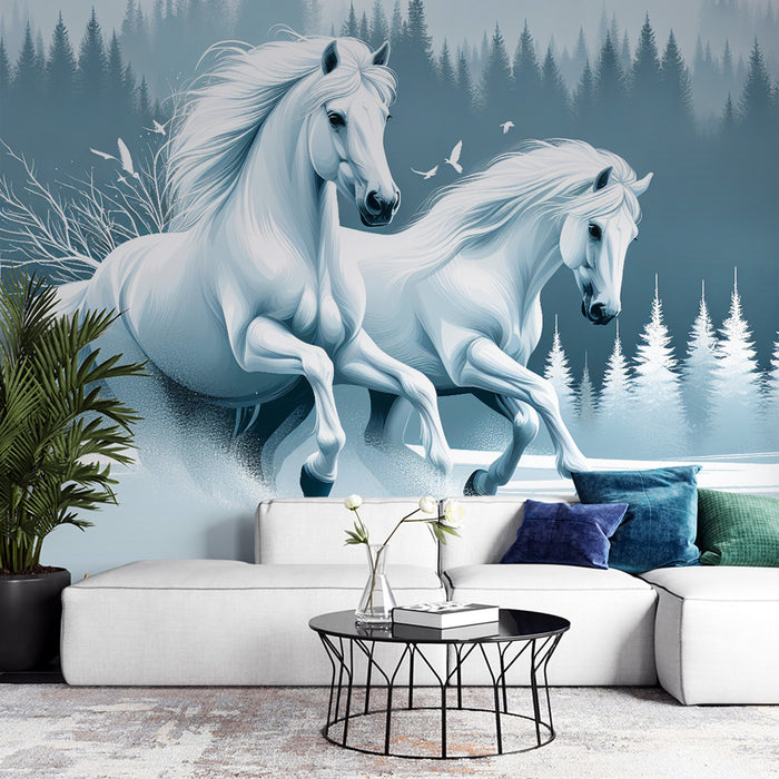 Papier peint cheval | Duo de chevaux blancs dans une forêt de sapins