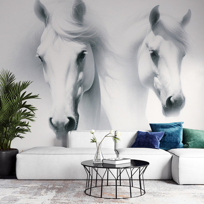 Papier peint cheval | Duo de chevaux blancs sur fond blanc