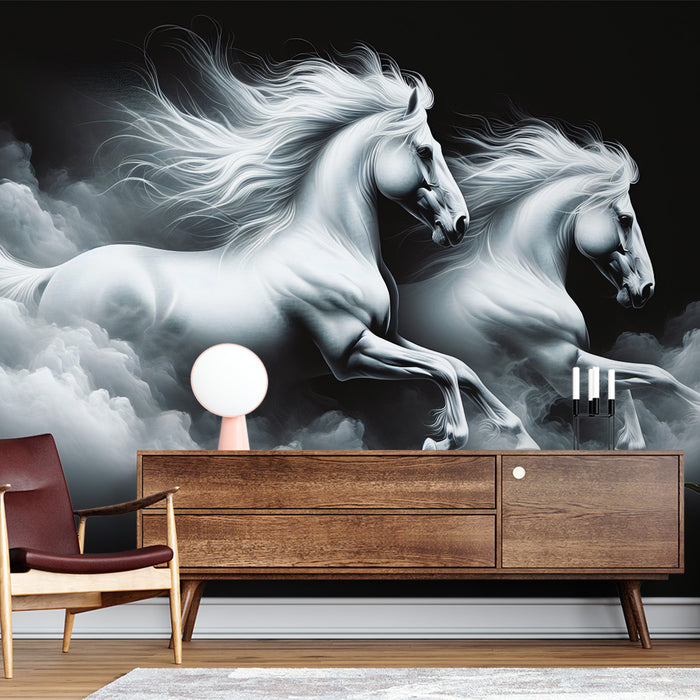Papier peint cheval | Duo de chevaux blancs traversant un nuage