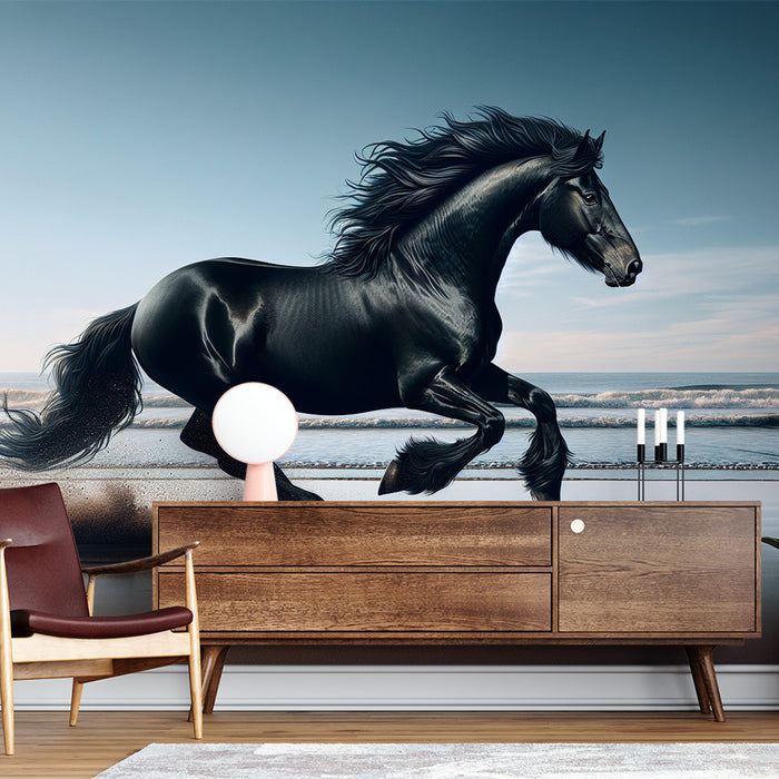 Papier peint cheval | Grand cheval noir sur la plage