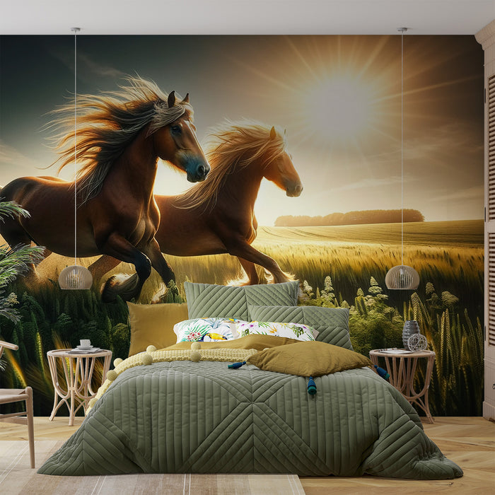 Papier peint cheval et prairie | Couché de soleil