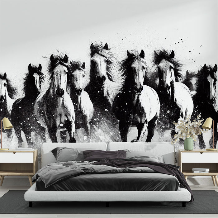 Papier peint cheval noir et blanc | Troupeau en pleine course