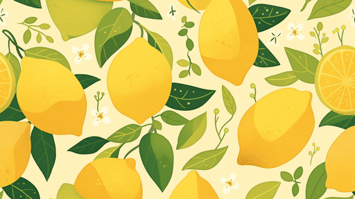 Papier peint illustrant des citrons jaunes éclatants entourés de feuilles vertes et de petites fleurs blanches, créant une ambiance fraîche et ensoleillée.