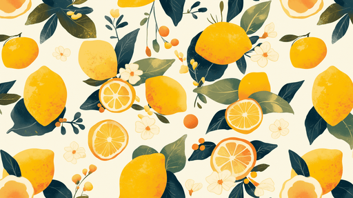 Papier peint aux motifs de citrons jaunes et de fleurs blanches sur fond clair, créant une ambiance fraîche et ensoleillée, évoquant la nature et la vitalité.