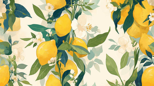 Papier peint floral représentant des citrons jaunes entourés de feuilles vertes et de fleurs blanches, créant une ambiance fraîche et ensoleillée.