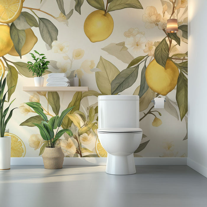 Papier peint toilette | Citrons dorés et fleurs en aquarelle douce