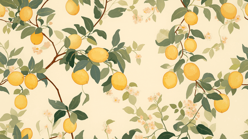 Papier peint aux motifs de citrons jaunes et de feuillage vert sur fond crème, créant une ambiance fraîche et ensoleillée.