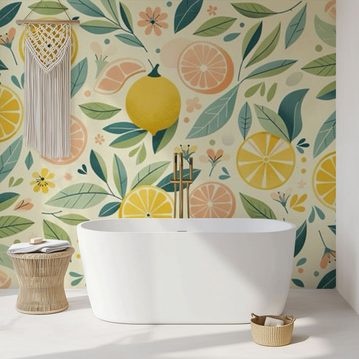 Papier peint salle de bain | Agrumes et feuillages volants