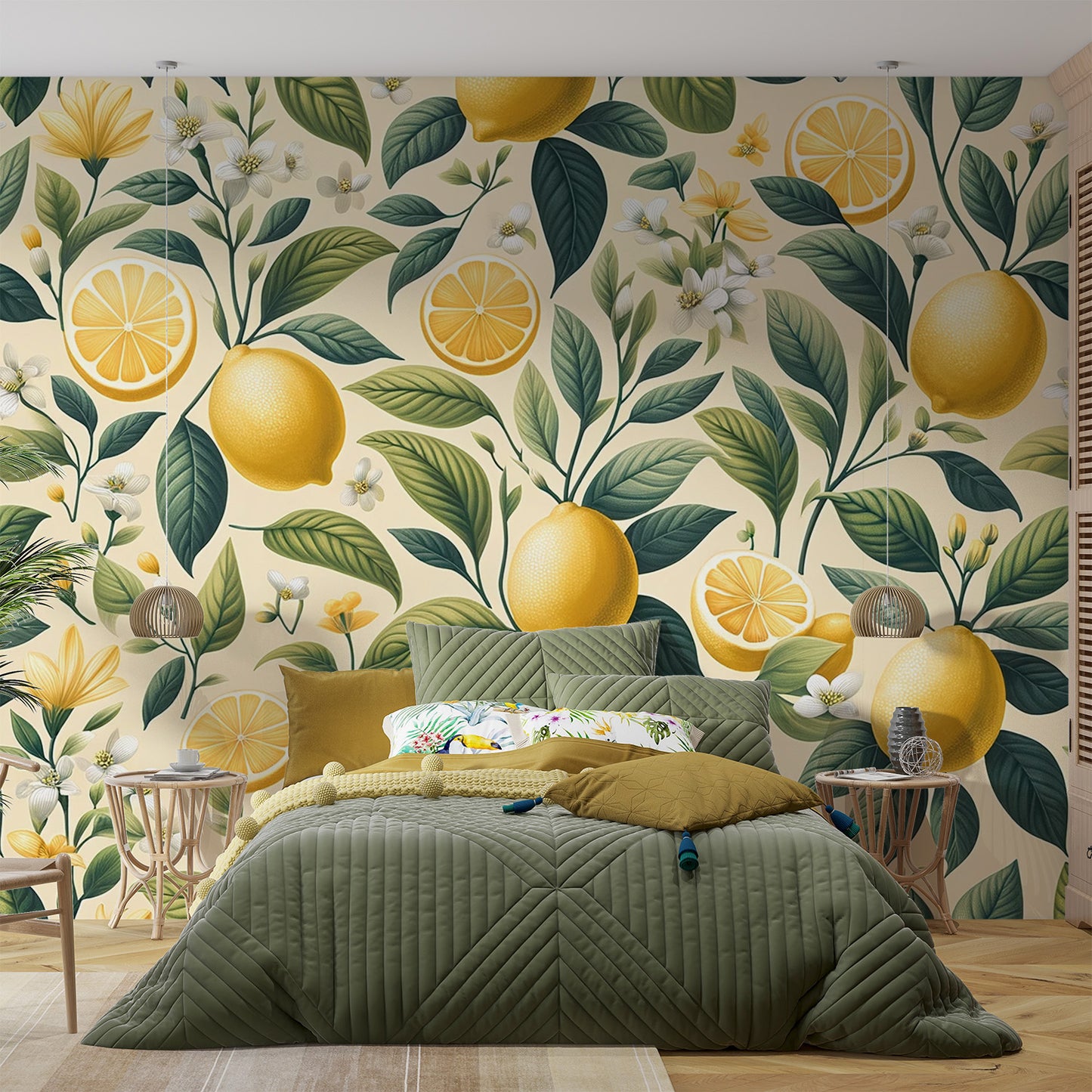 Papier peint citron jaune | Feuillages verts et fleuris