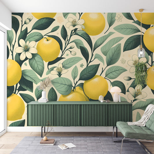 Papier peint citron jaune | Feuilles vertes et fleurs de citronniers