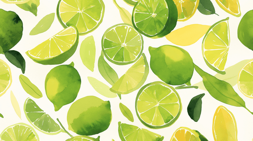 Papier peint illustrant des citrons et des limes en aquarelle, avec des nuances de vert et de jaune, créant une ambiance fraîche et vivifiante.