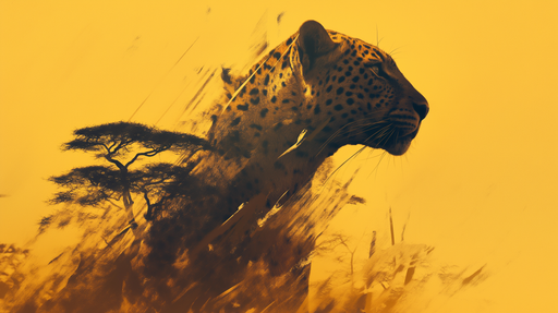 Papier peint artistique représentant un léopard en silhouette sur fond jaune, évoquant une ambiance sauvage et dynamique avec des motifs de végétation abstraite.