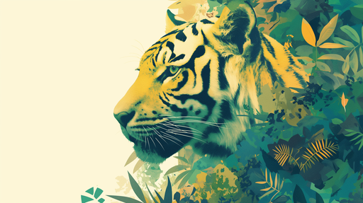 Papier peint illustrant un tigre majestueux au milieu de feuillages luxuriants, mêlant des teintes vertes et jaunes pour une ambiance sauvage et dynamique.