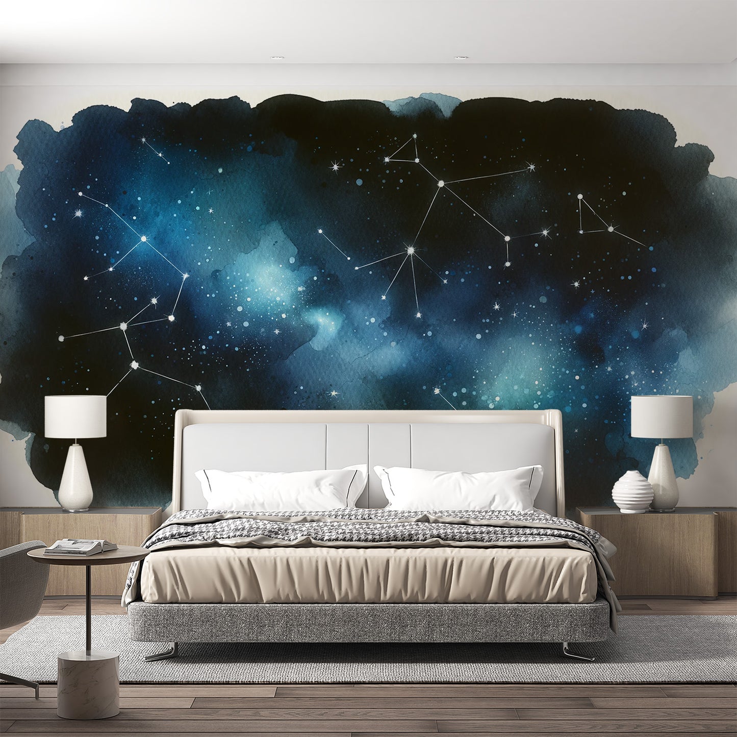 Papier peint constellation | Aquarelle bleue nuit avec étoiles blanches