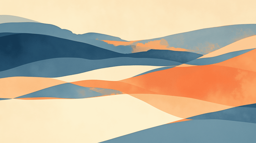 Papier peint abstrait aux ondulations douces dans des teintes de bleu, orange et crème, créant une atmosphère apaisante et contemporaine.